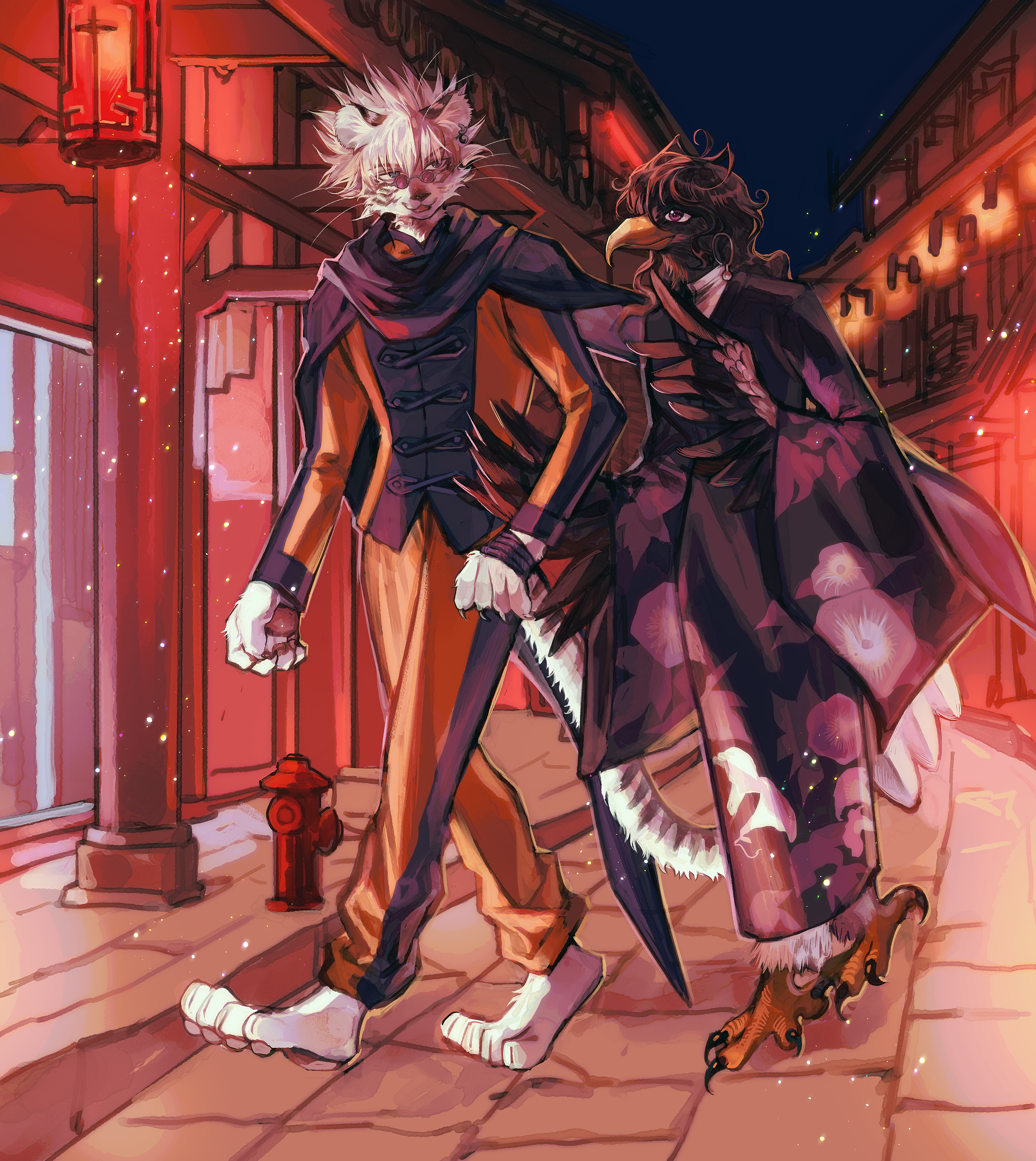 artwork of Yukie and Enishi as furries (leucistic South China Tiger and Steller's Sea Eagle), walking together through the Shanghai streets at night